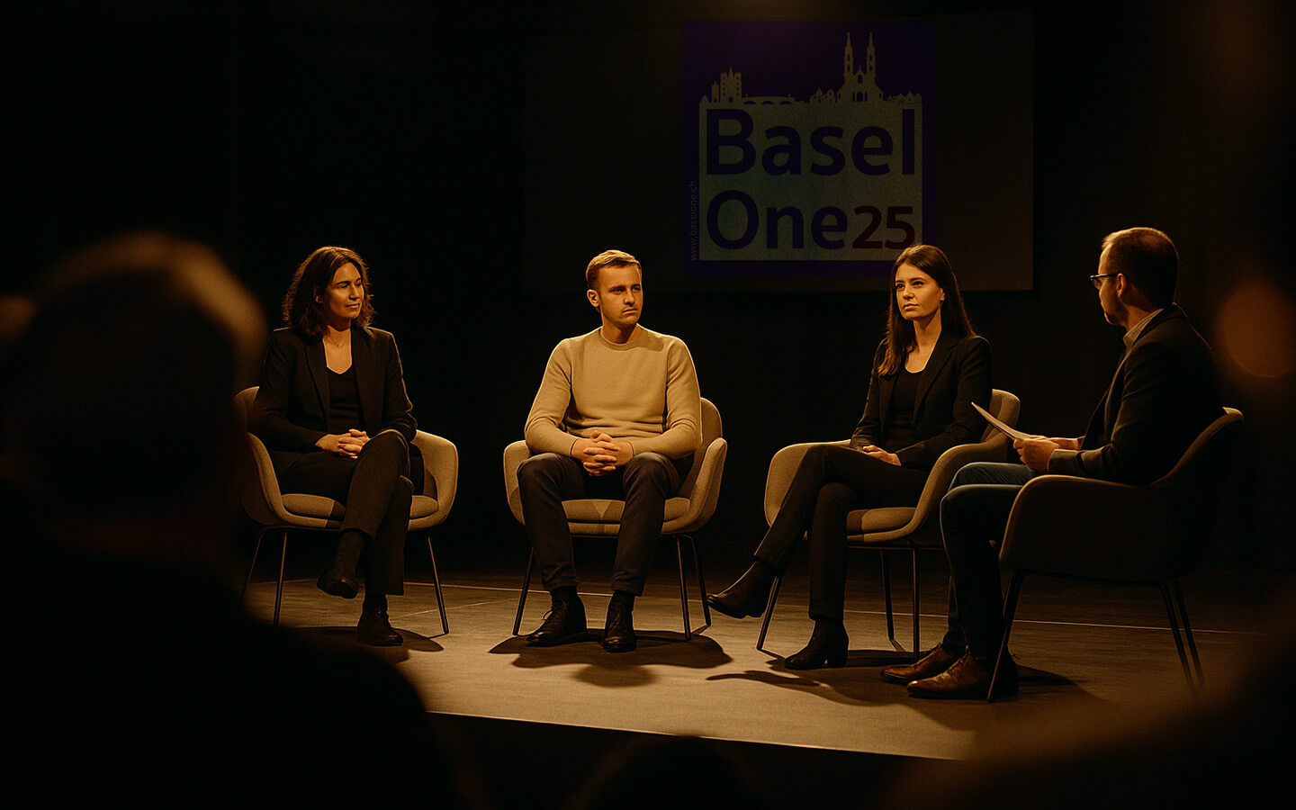 Two women and two men sit in chairs on a stage during a panel discussion. The BaselOne25 logo is visible in the background. In the foreground on the left, the blurred head of an audience member is visible, showing the scene from the audience’s perspective. (Illustrative image, AI-generated)