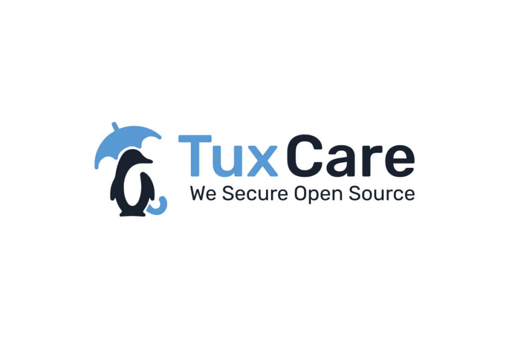 Company logo of TuxCare. On the left hand side, there is a pengiun in front of a blue umbrella. On the right hand side, there is the written company name and slogan: "TuxCare - We Secure Open Source"