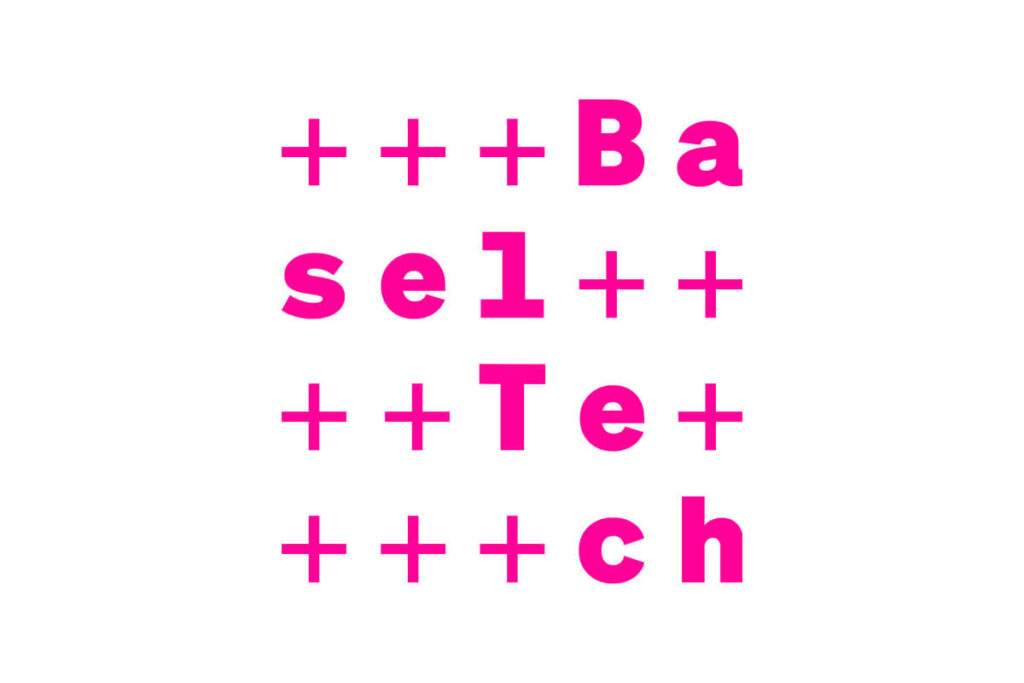 Logo des BaselOne-Sponsors BaselTech: Der Schriftzug „Basel Tech“ ist in kräftigem Magenta gesetzt und wird von mehreren Pluszeichen umgeben.